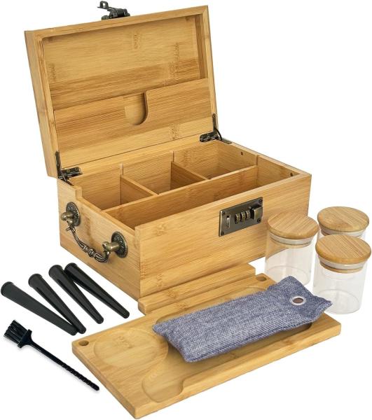 Buy cheap Wooden Smoking Stash Box Smell Proof Bamboo Stash Box Rolling Tray Smoking Accessories Kit Organizer Container from wholesalers
