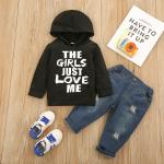 130CM Boys 6 Years Outfit Sets Black Hooded Jacket Dark Blue Ripped Jeans