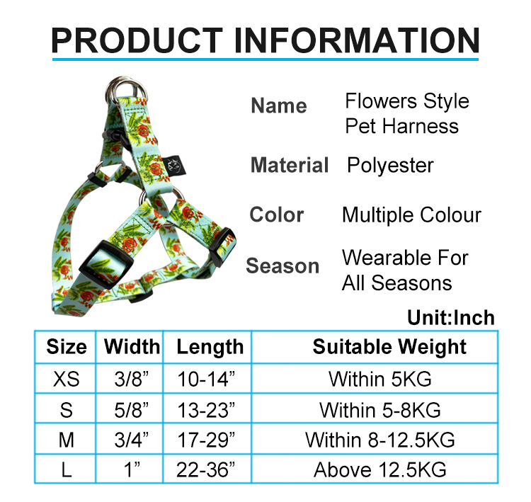 Heavy Duty Collar Leash Harness Set Puppy Adjustable Flower Pattern Pet Lope