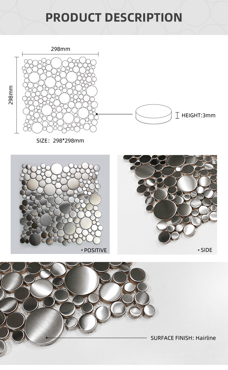 PVD Sliver Color Hairline Finish Big Small Round Splicing Decorative Stainelss Steel Trim Metal Mosaic Tile
