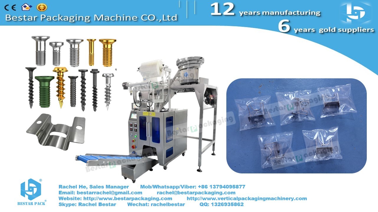 Automatic packaging machine for furniture hardware with three vibration bowls and manual feeding station