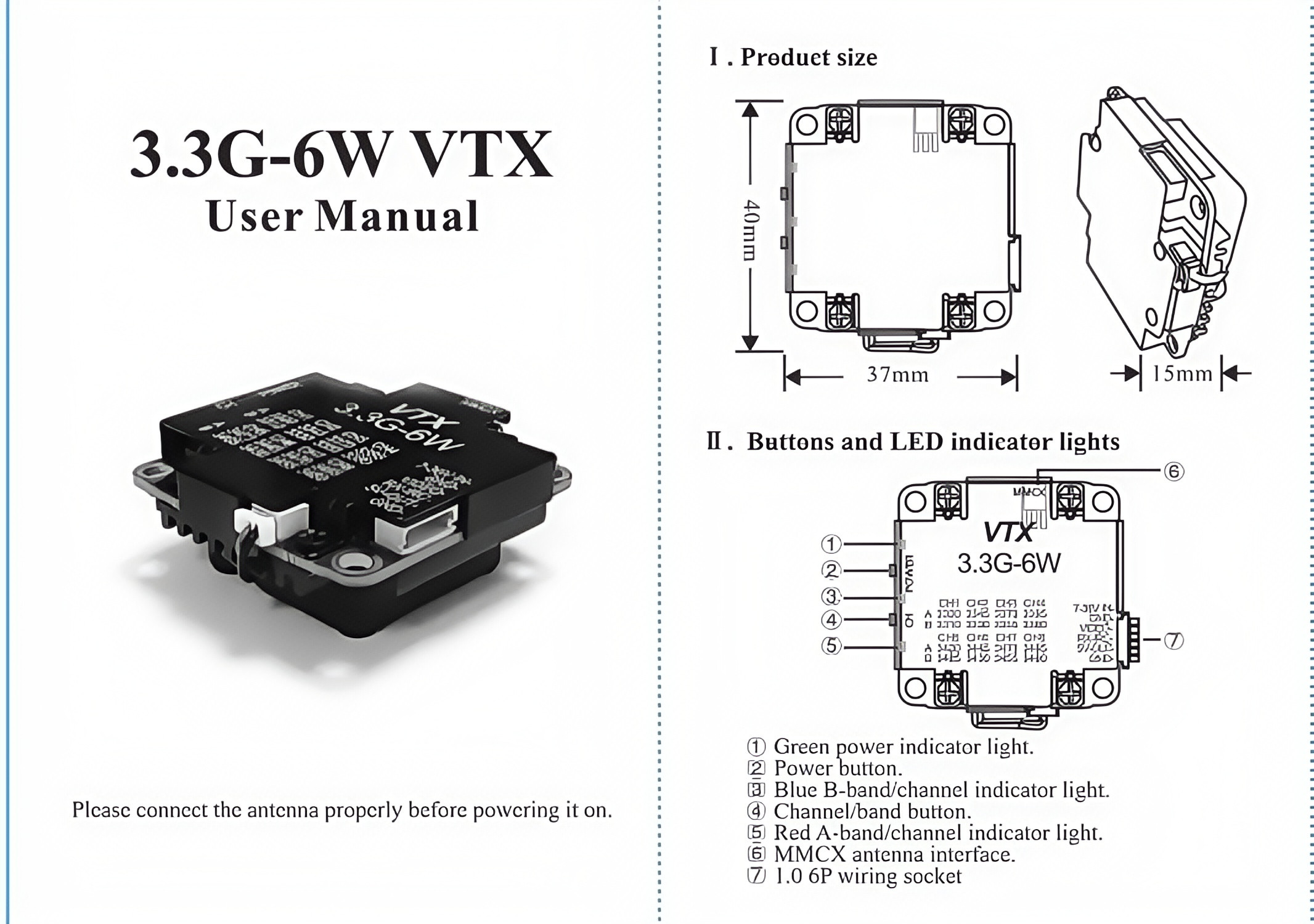 3.3G 6W Video Transmitter 3.3Ghz FPV VTX 8 Channels Long Range Video Audio Transmission
