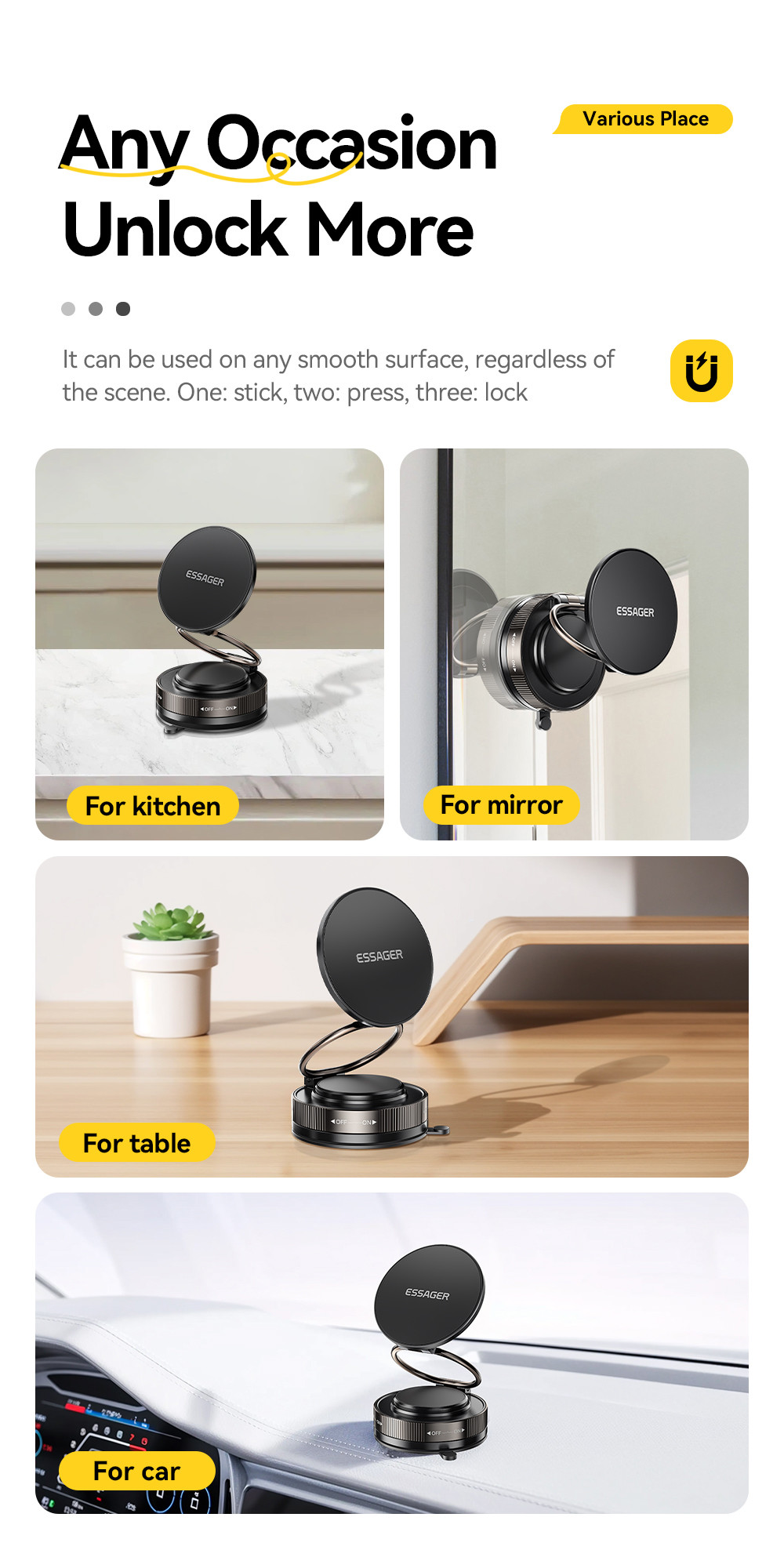 ESSAGER ES-ZJ35 Zinc Alloy Foldable Vacuum Suction Magnetic Car Mobile Phone Holder