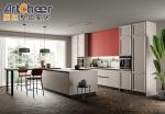 Modern Stylish Pink Kitchen Cabinets with ENF Panel and Small Island Table