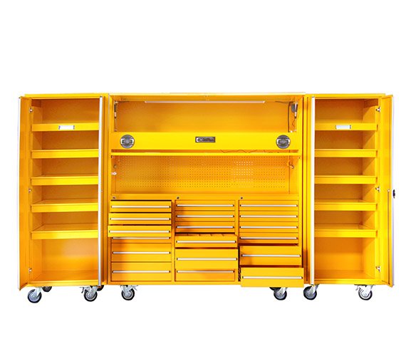 18-Drawer Metal Garage Tool Cabinet on Wheels for Black and Yellow Work Bench Storage