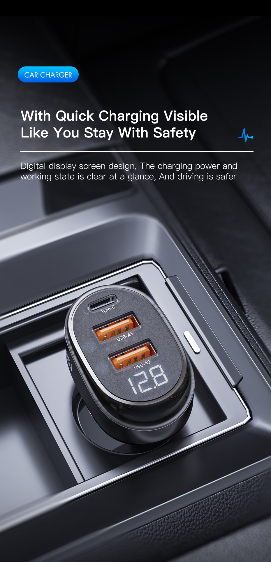PD QC Digital Display Fast Charging Car Charger Transparent 125W 65W 30W