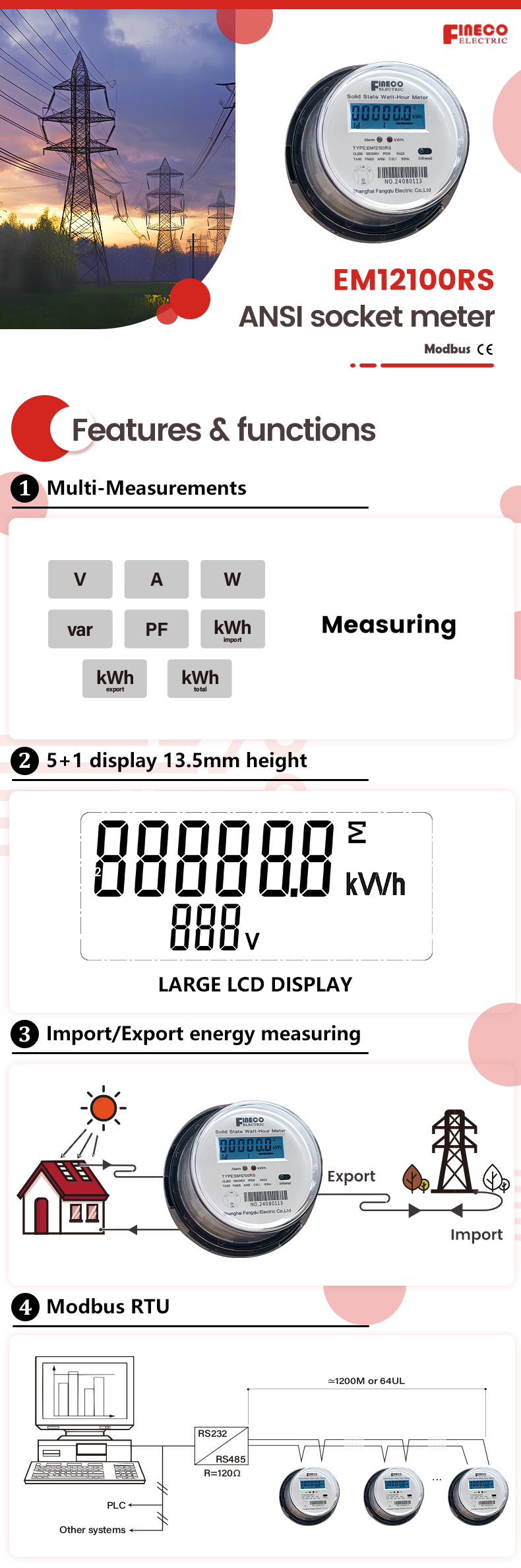 120/240V AC Output EM12100RS Single-Phase Three-Wire Electronic Socket Meter with OEM