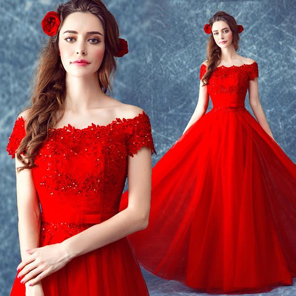 Buy cheap Red Flower And Lace Off The Shoulder Gorgeous Evening Dress TSJY090 from wholesalers