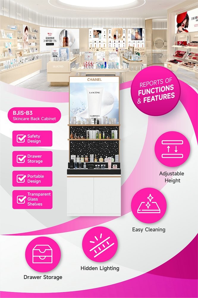 BJiS-B3 40mm Thick Light Box Skincare Display Cabinet with Drawer Storage for Minimalist Shops