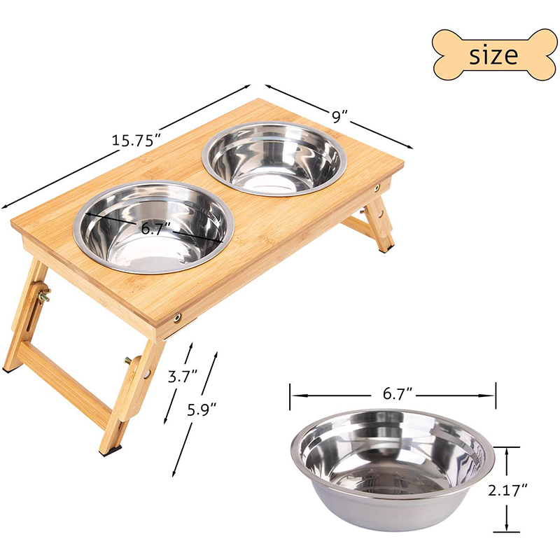 Single Tier Sustainable Bamboo Foldable Pet Feeder Non-Slip Two Bowls for Sustainable