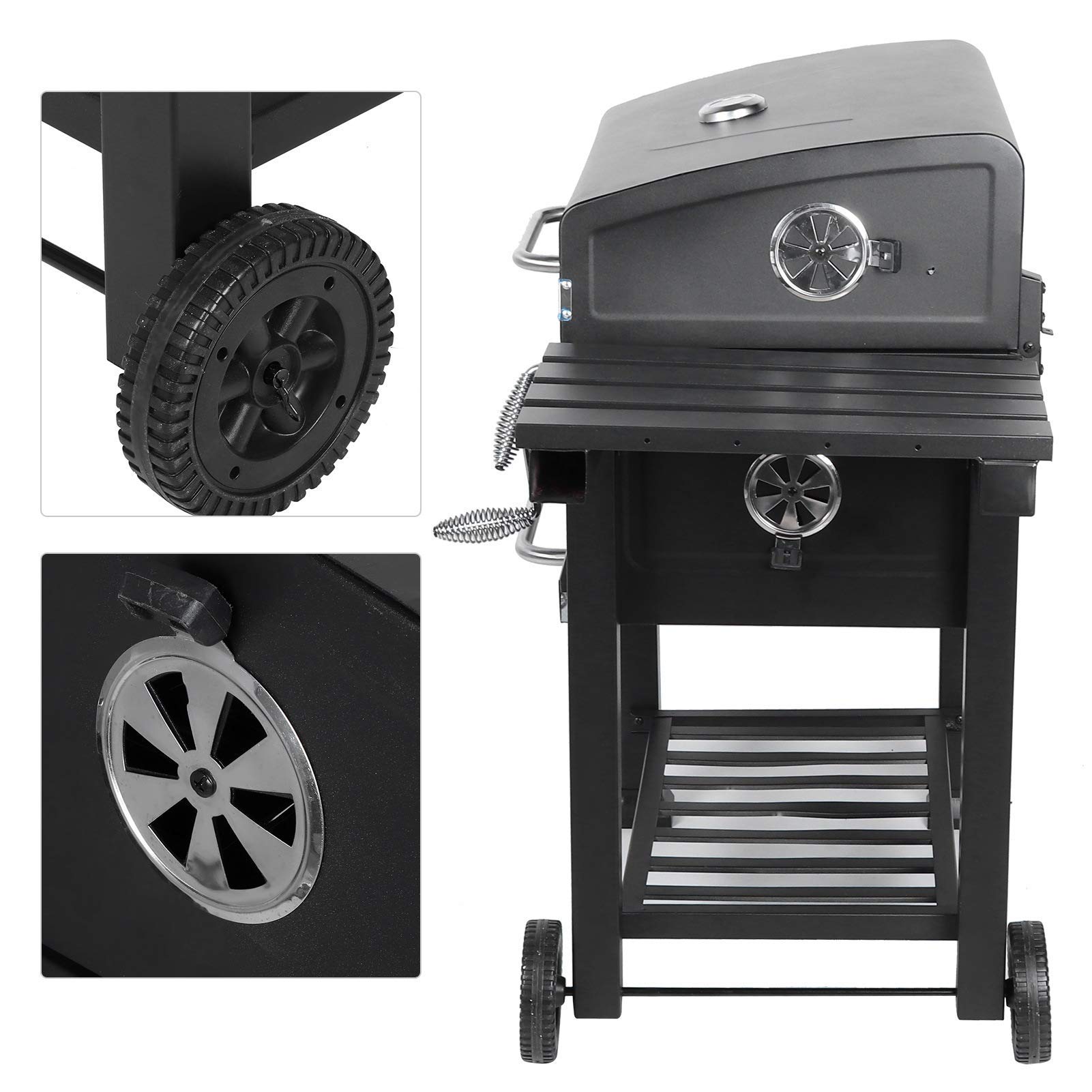Garden Smoker Charcoal Grill Trolley with Two Plastic Wheels and Chrome Plated Finishing