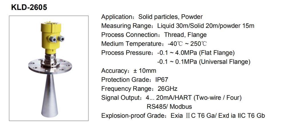 KLD 26GHz Series 4-20mA HART Radar Level Meter Solid Particles Level Meter
