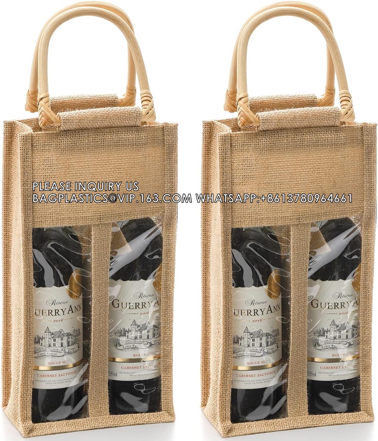 Double Window Two Bottles Burlap Jute Wine Bottle Bag Wedding, Party Favors, Christmas, Holiday And Wine Tasting