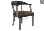 Brown Indoor Rustic Leather Chair / Sturdy Oak Wood Dining Chair With Armrest