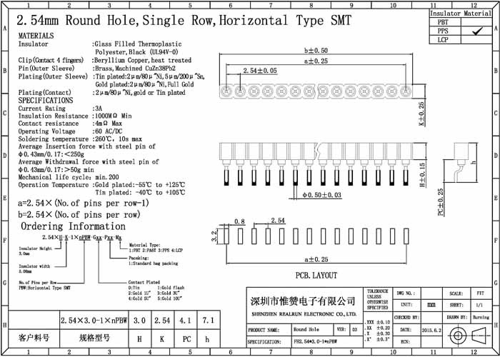 SMT Type Round Female Pin Header Connector Single Row 2.54mm Pitch Horizontal