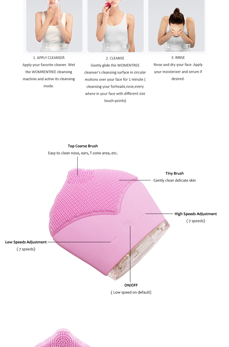 Battery Rechargeable Silicone Electric Facial Cleanser , Sonic Face Massager