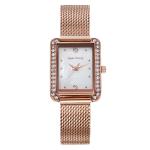 Square SS Mesh Strap Ladies Quartz Watch OEM Rhinestone Rose Gold Waterproof
