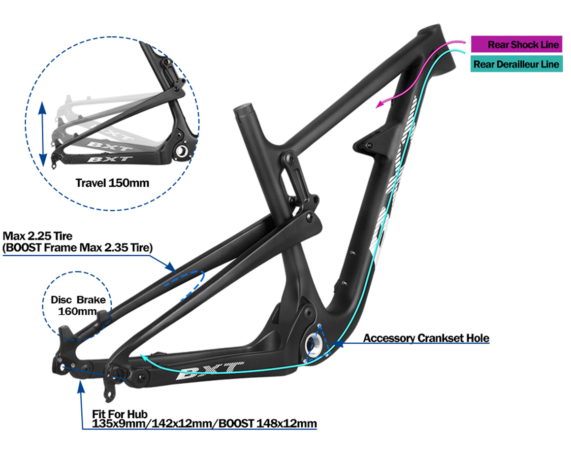 29er Carbon Full Suspension Frame AM Full Shockingproof Frame Travel 150mm