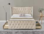 Full Bed Frame with Upholstered Button Tufted Storage Headboard, Wooden Slats