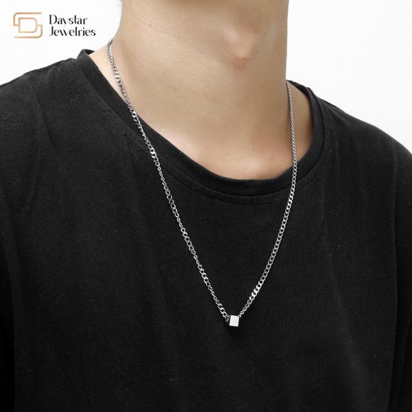 Hip Hop Titanium Steel Clavicle Cuban Chain Necklace Square Block Pendant