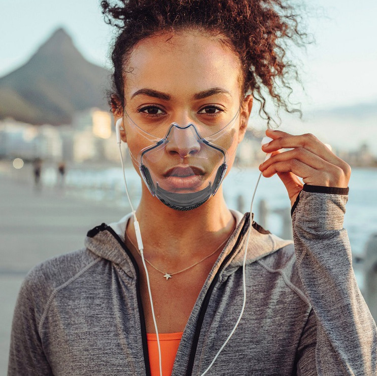reusable anti-fog face shield or breathable face cover with transparent cover or clear shield with visible expression