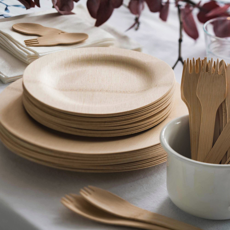 Biodegradable Round Bamboo Dinner Plates Disposable Food Tableware