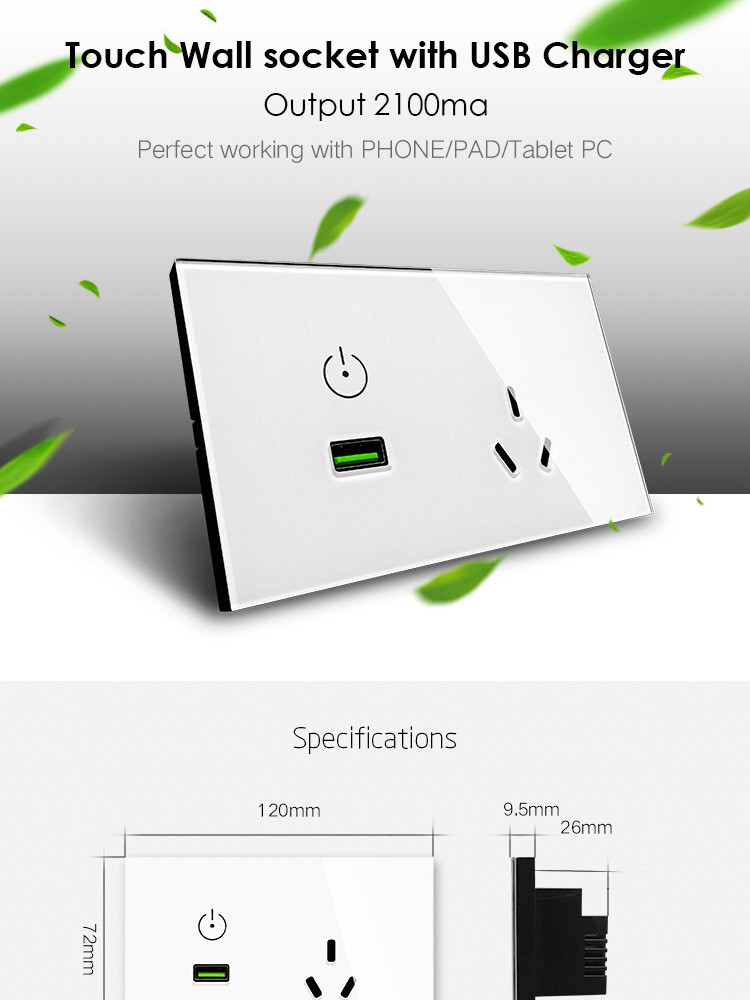 Wifi Socket for US Standard Electrical wall Socket Outlet White Crystal Glass 15A AC Wall Powerpoints and USB 2.1A 5V