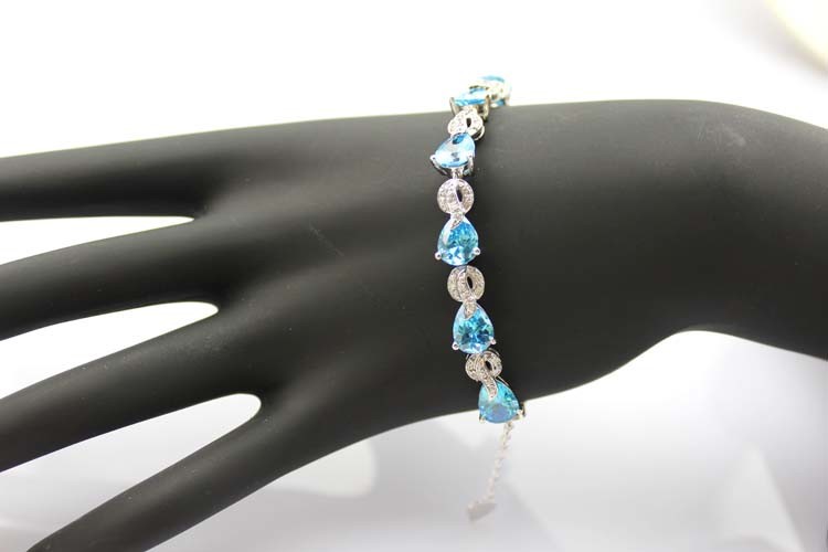 Sterling Silver Created Blue Topaz Clear CZ Diamonds Tennis Bracelet(B02BLUE)