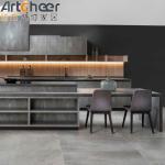 E0 Grade Material Kitchen Cabinets With Dark Grey Marble Look Finish And Island