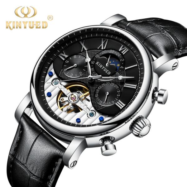Buy cheap KINYUED leather tourbillion watch mechanical mens moon phase automatic mechanical watch from wholesalers