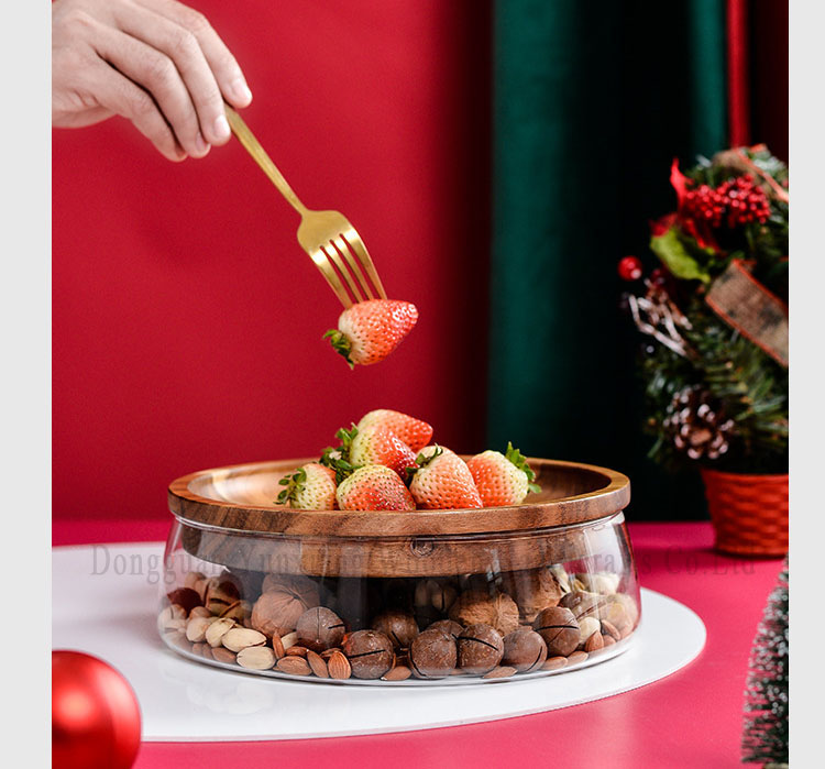 Creative Glass Bowl with Wood Plate Fruit Nut Dried Storage Boxes Container Fruit Tray with Wooden Lid for Home Kitchen Office