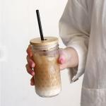 86mm Bamboo Mason Jar Lids Glass Beer Can With Glass Straw Hole