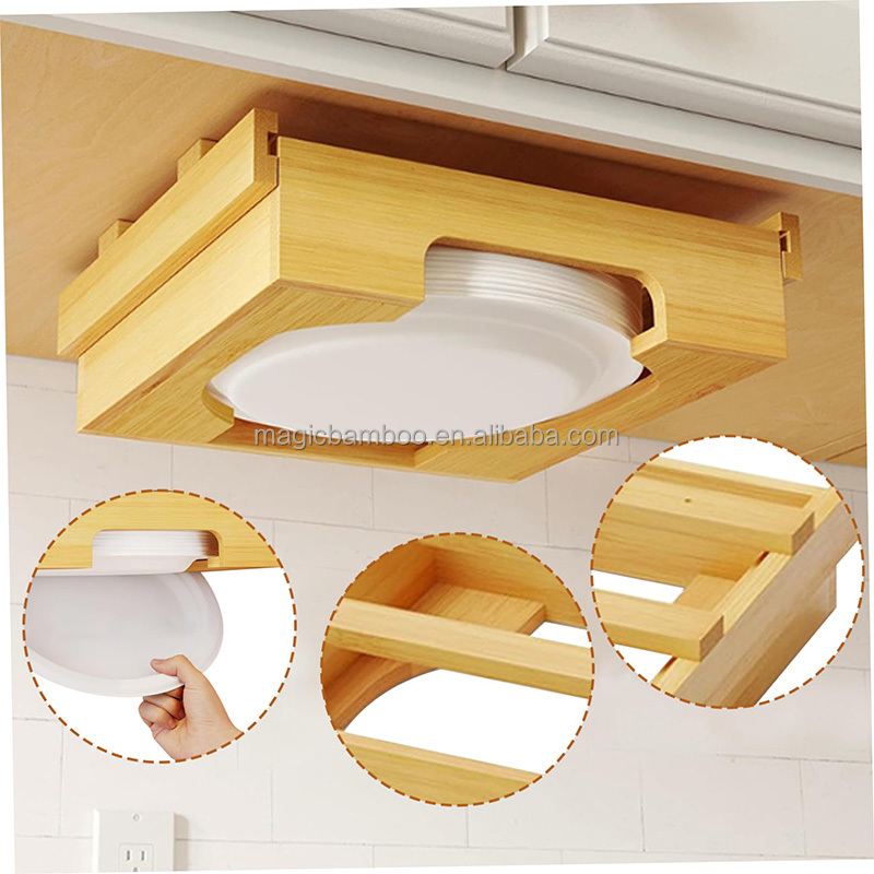 Waterproof Bamboo Small Kitchen Shelf Storage Paper Plate Dispenser Holder 10 Inch