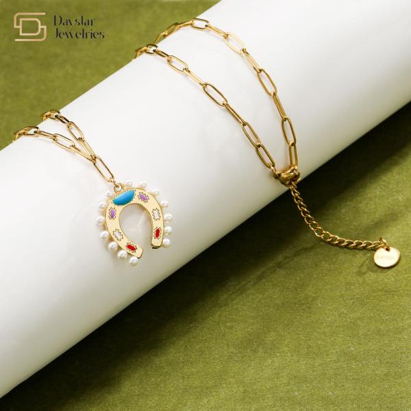 Buy cheap Pearl Enamel Horseshoe Pendant Stainless Steel Paperclip Chain Necklace For Women from wholesalers