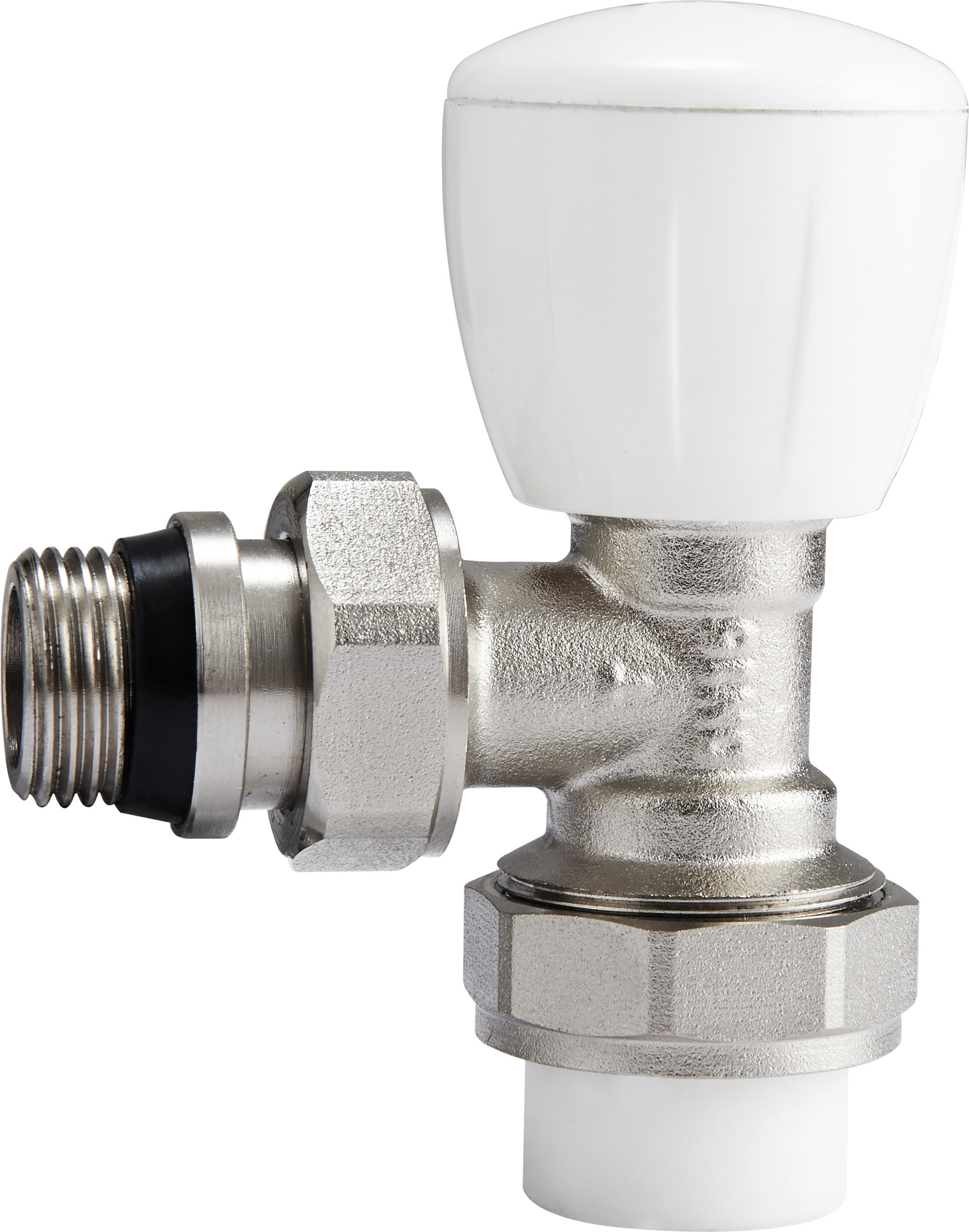 4202 Angle Type Multi-turn Brass TRV Valve for Radiator Supply DN15 Nickel Plated with PP-R Adapter x Flex. Male Nipple