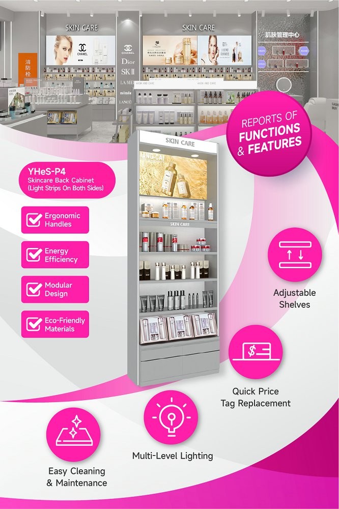 YHeS-P4 Adjustable Shelves Skincare Display Cabinet with LED Slim Spotlights