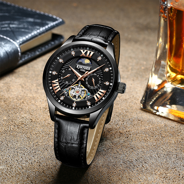 Brand KINYUED Mechanical mens watch luxury luminous moon phase skeleton watch automatic mechanical watch