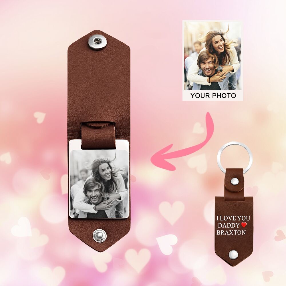 SS316L Leather Photo Key Chain With Engraving Words