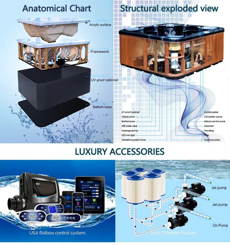 E-371S 2M*2M Pearl White Acrylic Massage Hot Tubs For Outdoor Jacuzzi