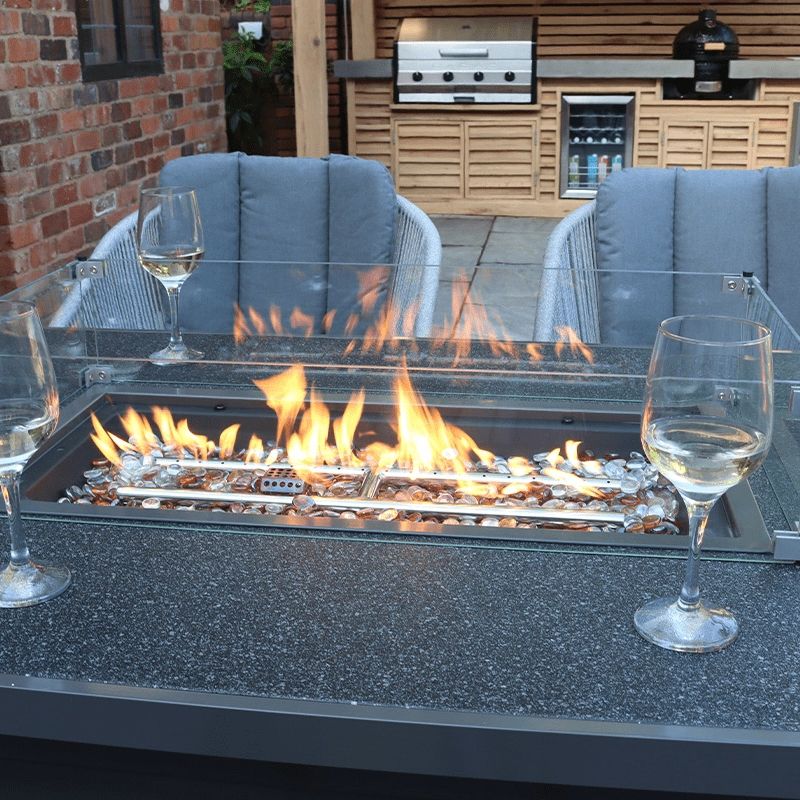 Metal AJUNION 6 Seater Outdoor Furniture with Fire Pit Table and Rope Weave Armchair