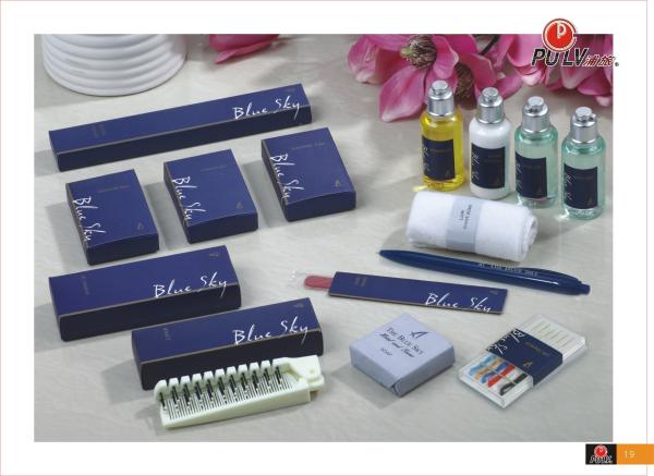 Buy cheap PULV Hotel Toiletries Set Comb Shower Cup Shaving Kit Blue print box package from wholesalers