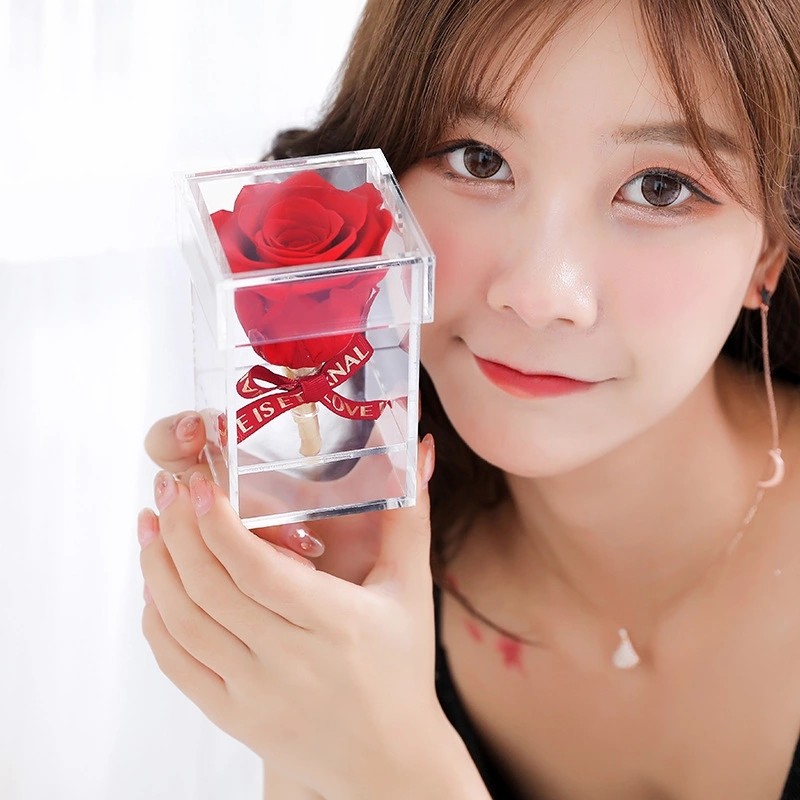 Wholesale Price Preserved Rose Display Acrylic Box With Lid Square Style 8 Sizes Valentine's Day Anniversary