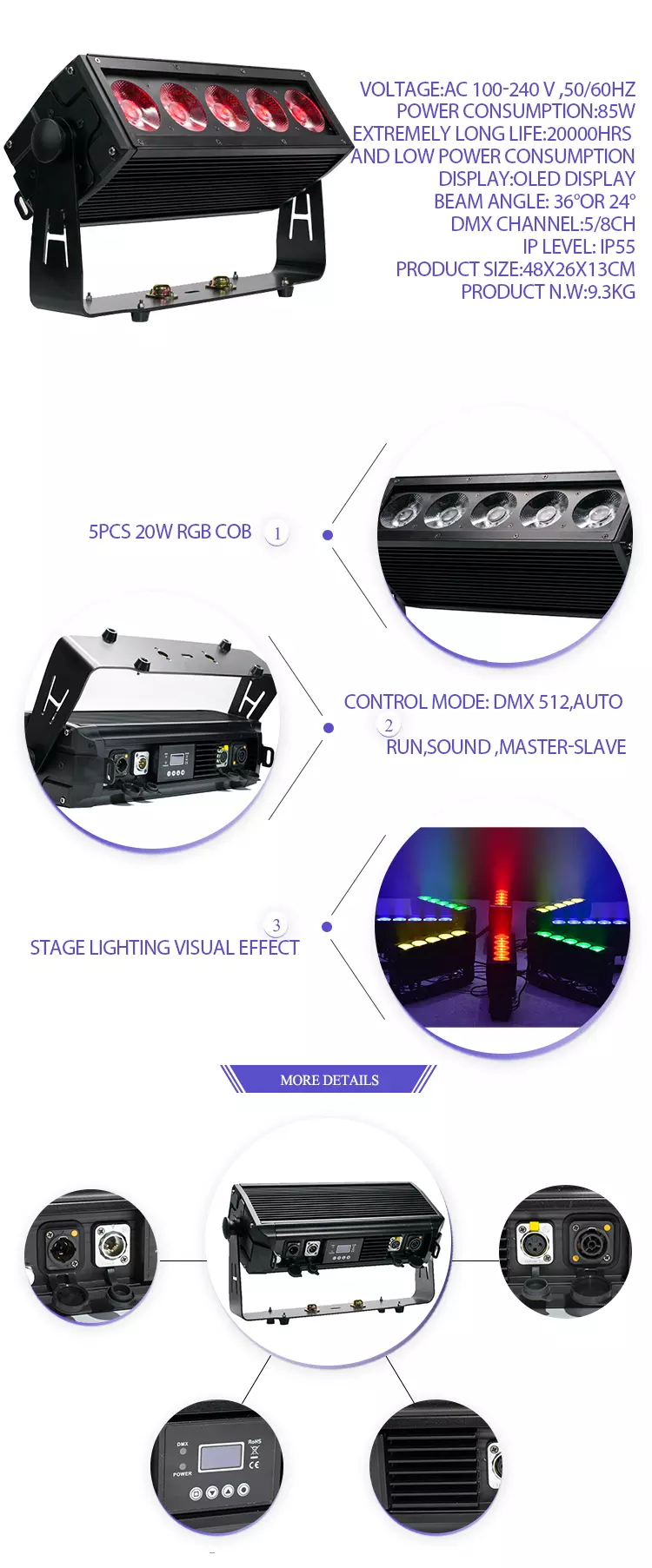 20W RGB 3in1 5pcs LED Wall Washer Light / LED Stage Light Bar With DMX512 Control