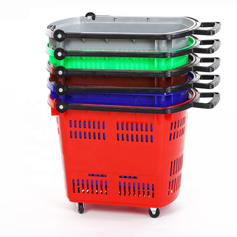 35L 65CM 35CM Market Plastic Shopping Baskets With Handles Wheels