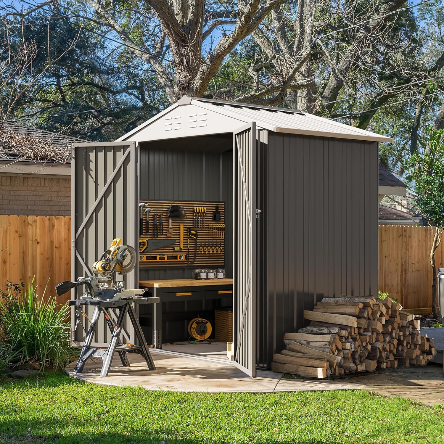 Powder Coated AJUNION Metal Garden Shed Double Lockable Door 50"D x 78.3"W x 74.2"H