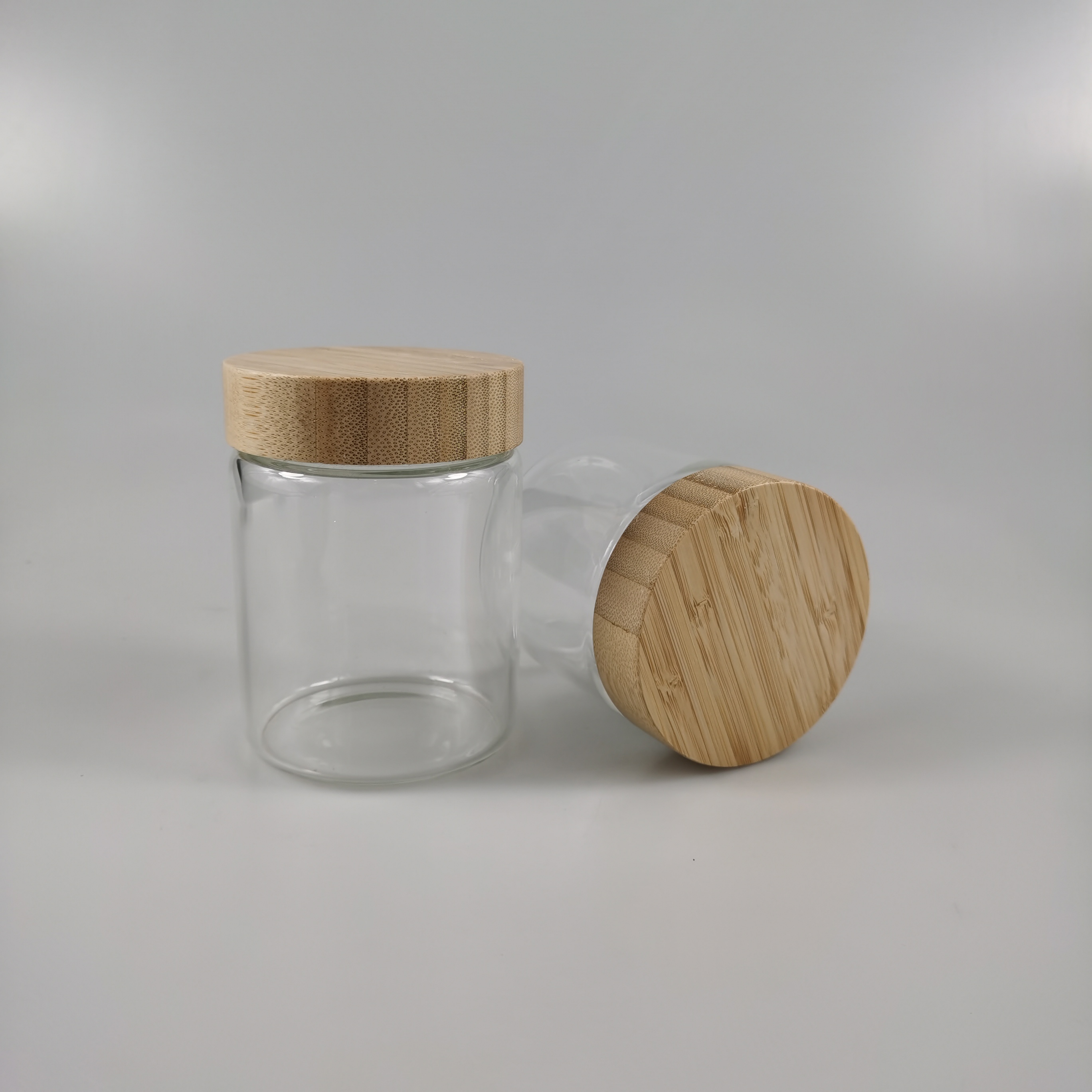 250ml Stocked Sealed Clear Round Borosilicate Glass Jar with Bamboo Lid Color Options