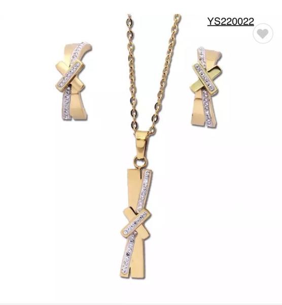 Buy cheap Gold Stainless Steel Jewelry Set X Shaped Rhinestone Stud Earrings And Necklace Set from wholesalers