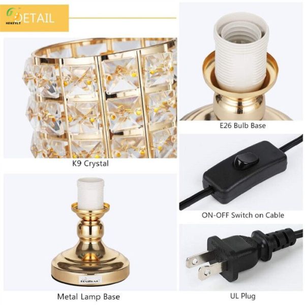 60W Metal Bedside LED Crystal Table Lamp E26 Bulb Base