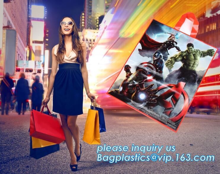 Custom Printed Stand Up Block BottomSoft Loop Handle Plastic Carrier Shopping Bag，Plastic Soft Loop Handle Bag for Shopp