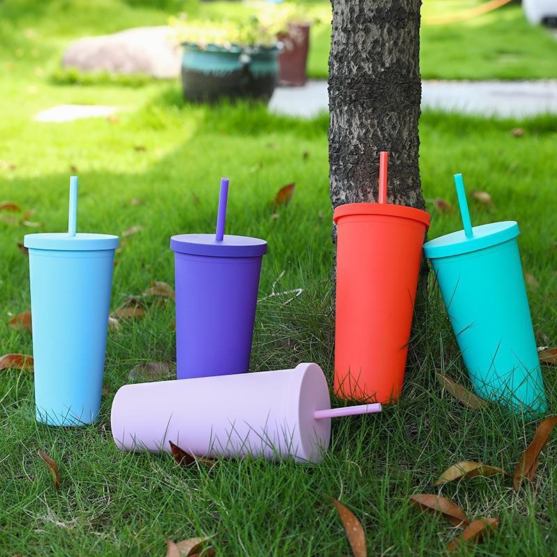 RTS 24oz AS/PS Material Custom Printed Plastic Tumblers Reusable Double Wall Plastic Cup With Straw Candy Color Non Slip Environmental Friendly